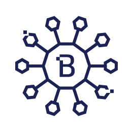 A stylized dark blue blockchain network icon with a central circle containing the letter "B," connected to smaller hexagons by lines, representing blockchain or cryptocurrency.