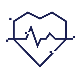 A simple line drawing of a heart outline with a jagged electrocardiogram (EKG) line running through it, featuring small square pixel-like elements along the outline.